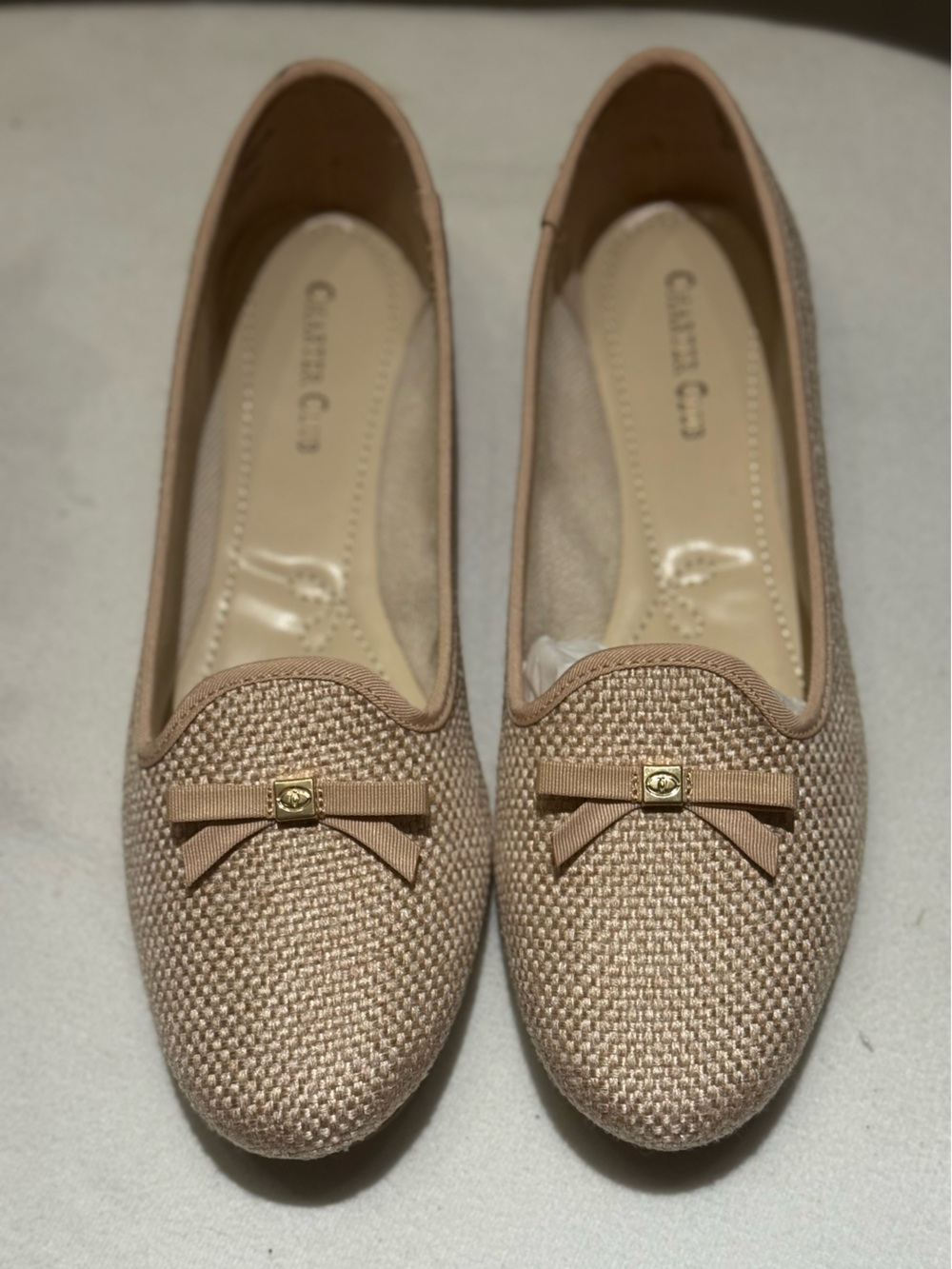 Charter Club "Kimii" loafers in a natural, woven raffia material with a Bow